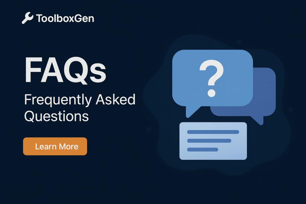 User reading FAQs on ToolboxGen website to find support information.